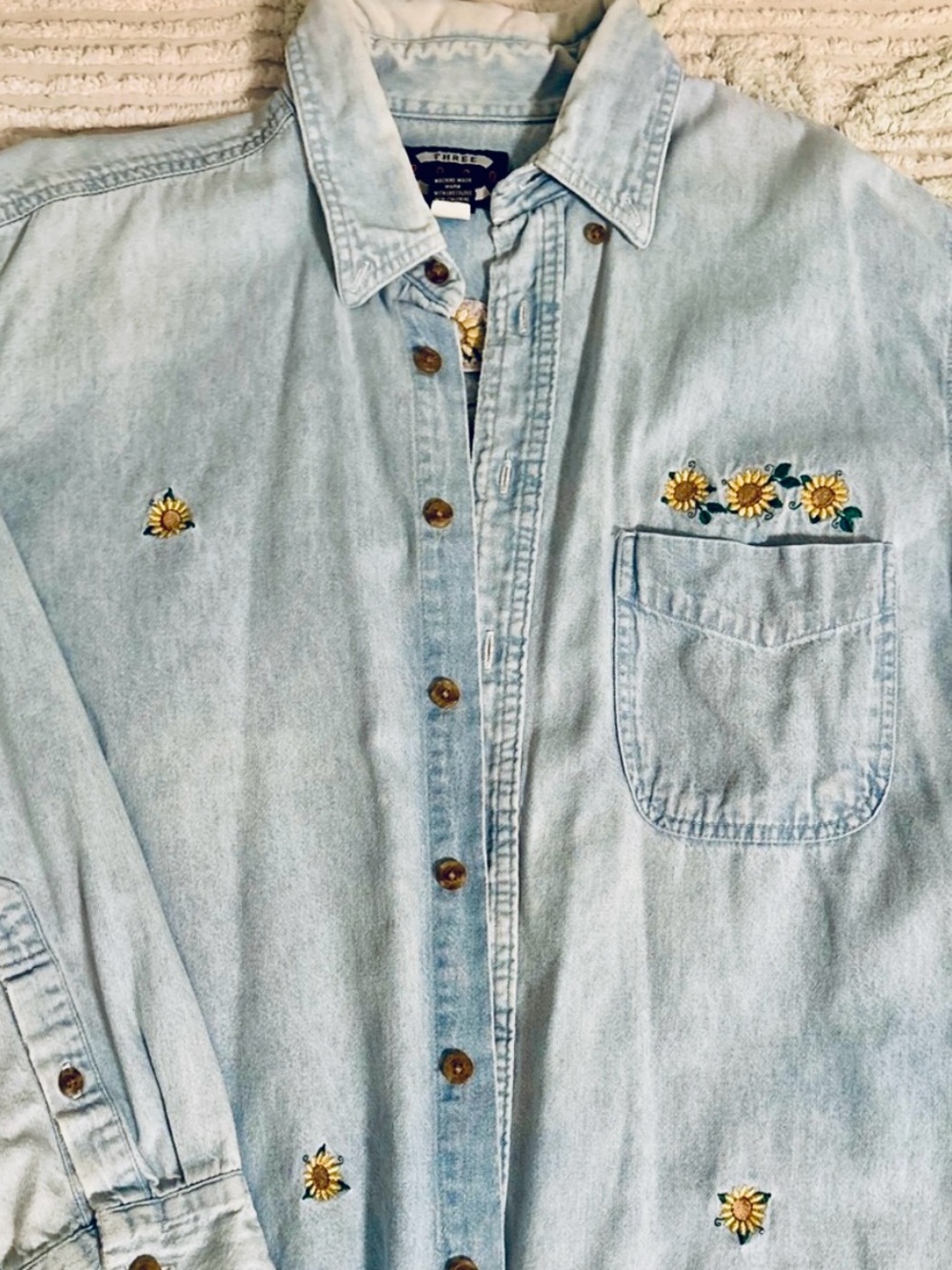 Three Rivers Light Blue Embroidered Daisy Denim Shirt